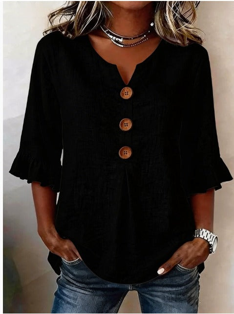 Sofía | Blusa de algodón y lino con botones efecto madera