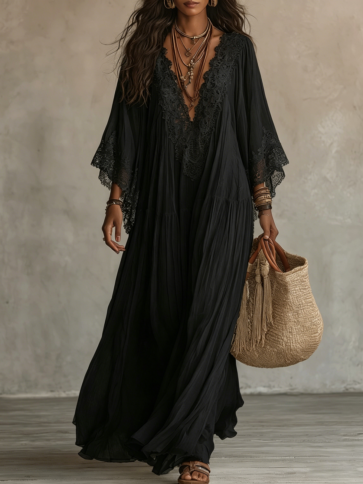 Adelaida | Vestido negro con escote en V y mangas amplias