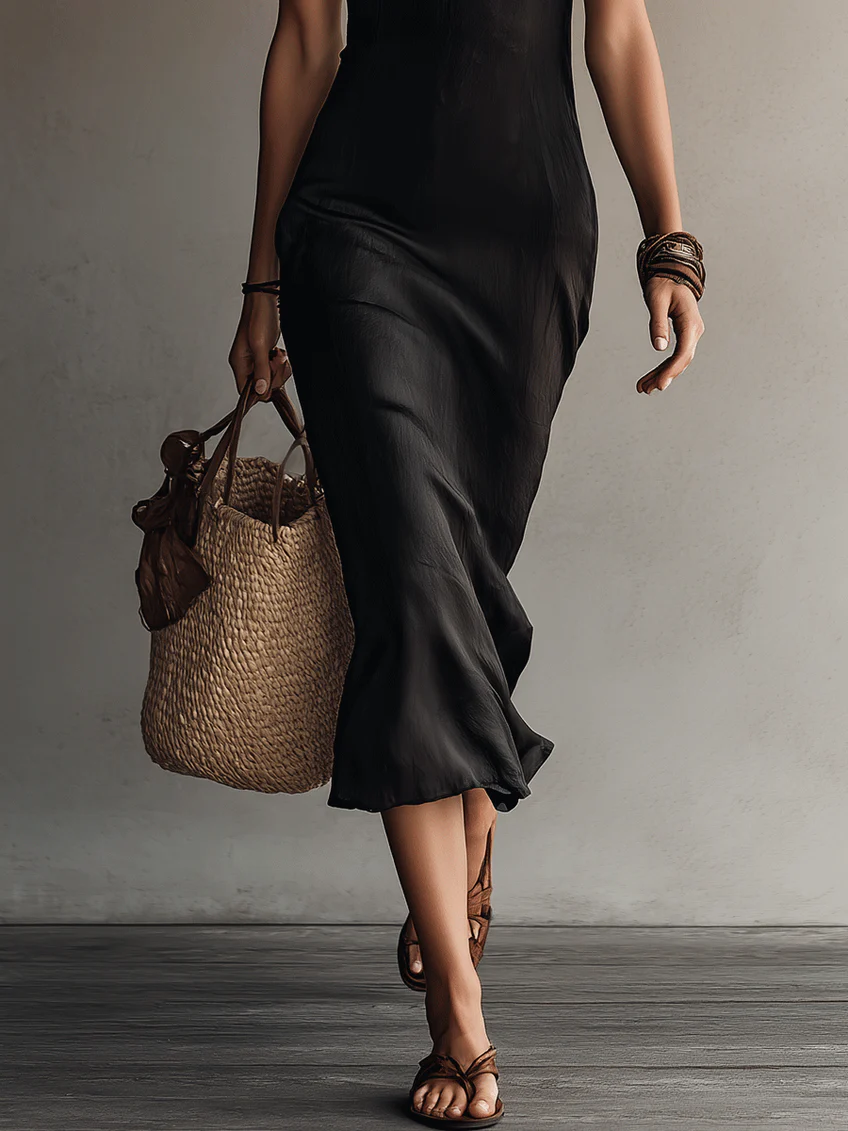 Adriana | Vestido midi negro sin mangas con encaje