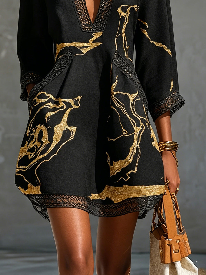 Victoire | Vestido de estampado marmolado dorado y encaje