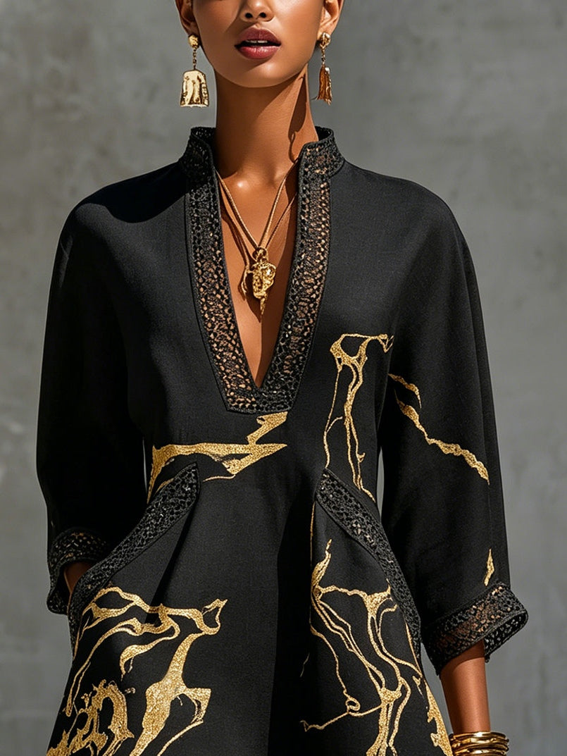 Victoire | Vestido de estampado marmolado dorado y encaje