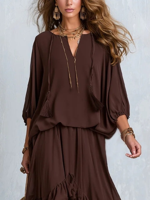 REAL | Conjunto exclusivo de blusa y falda con volantes