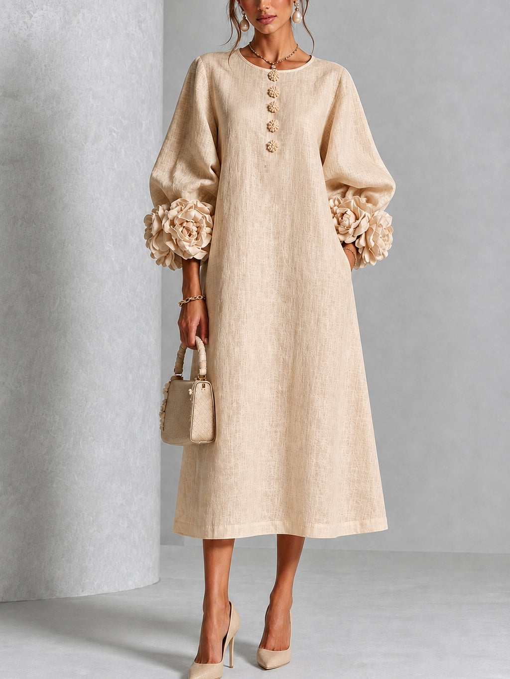 Vestido midi beige con botones y estampado floral
