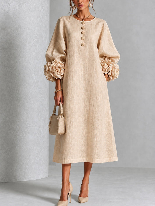 Vestido midi beige con botones y estampado floral