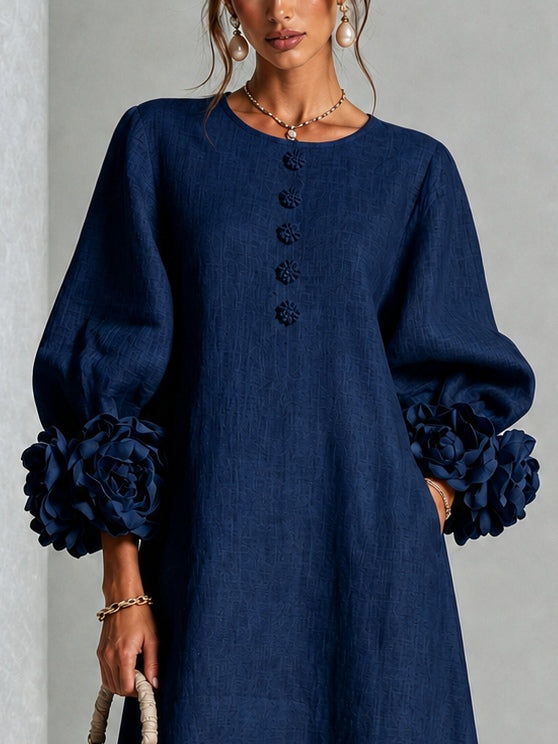 Vestido midi azul marino con botones y flores