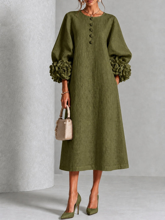 Vestido midi verde oliva con botones y flores