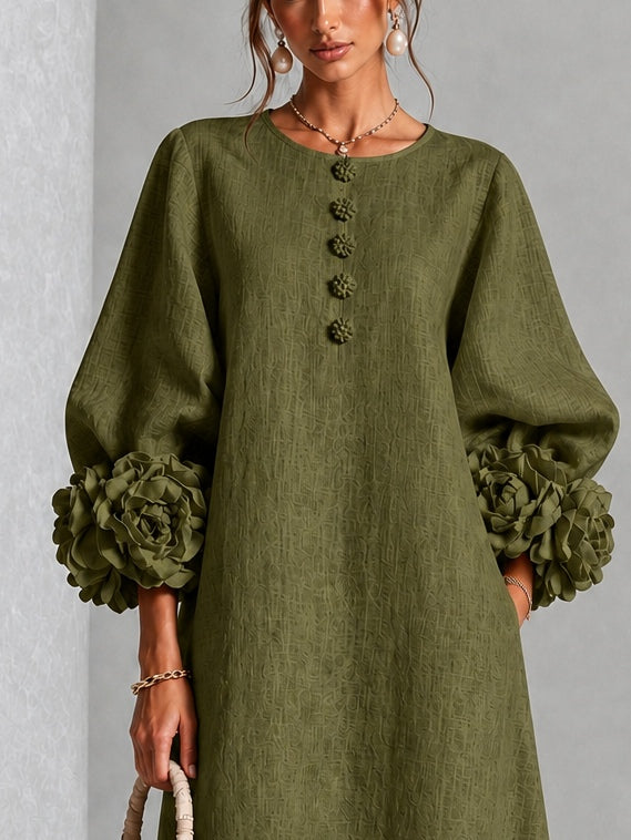 Vestido midi verde oliva con botones y flores
