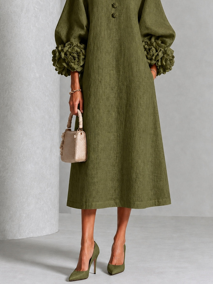 Vestido midi verde oliva con botones y flores