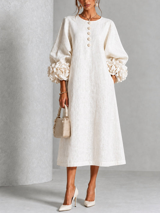 Vestido midi blanco con botones y flores