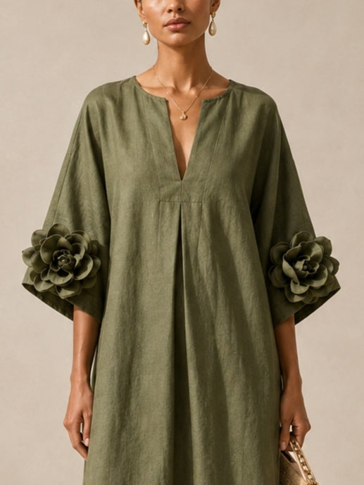 Vestido midi verde oliva con escote en V y flores