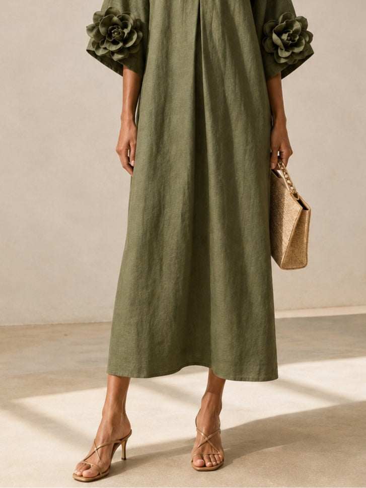 Vestido midi verde oliva con escote en V y flores