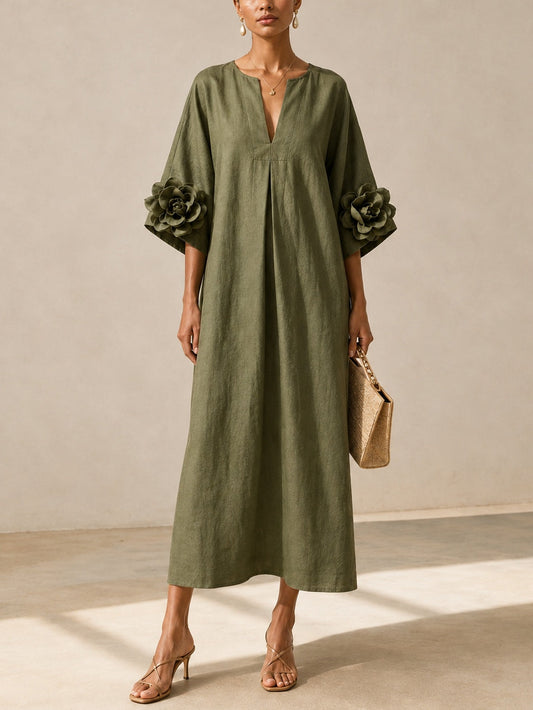 Vestido midi verde oliva con escote en V y flores