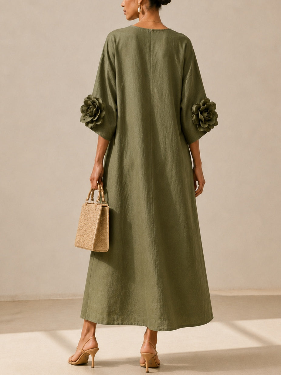 Vestido midi verde oliva con escote en V y flores