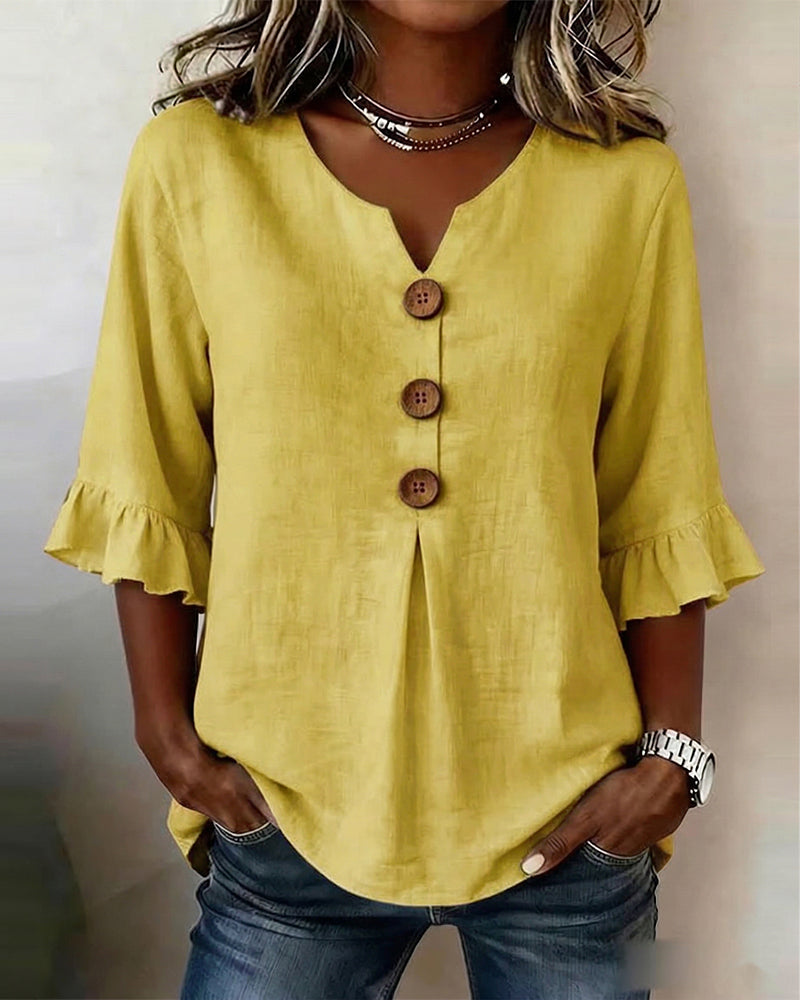 Sofía | Blusa de algodón y lino con botones efecto madera
