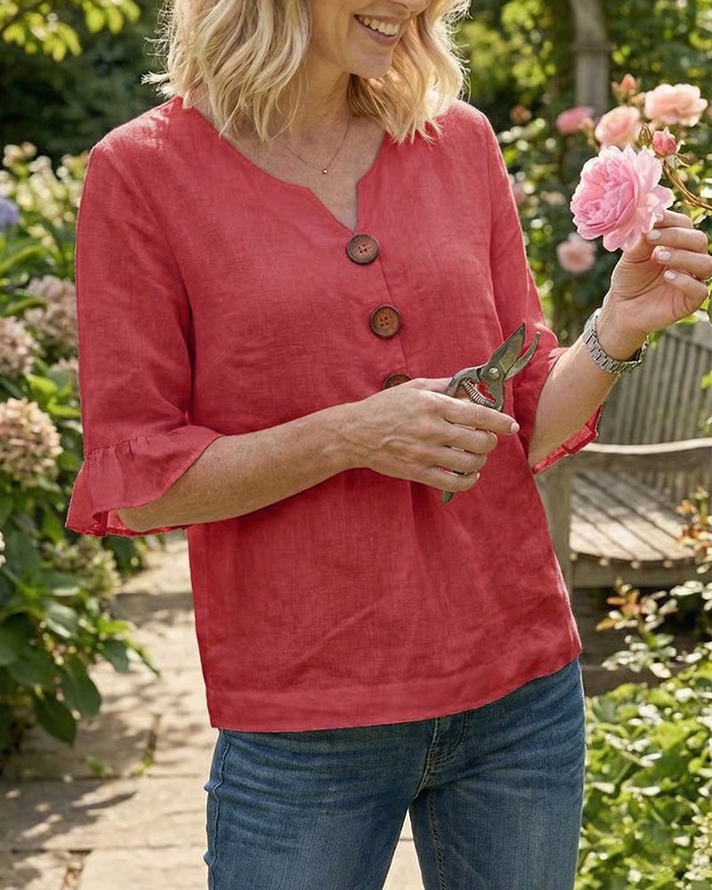 Sofía | Blusa de algodón y lino con botones efecto madera
