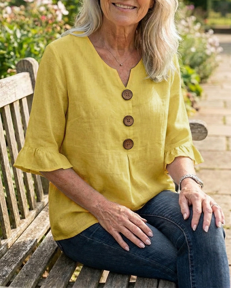 Sofía | Blusa de algodón y lino con botones efecto madera