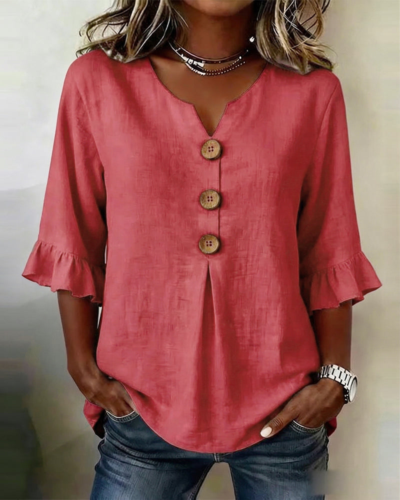Sofía | Blusa de algodón y lino con botones efecto madera
