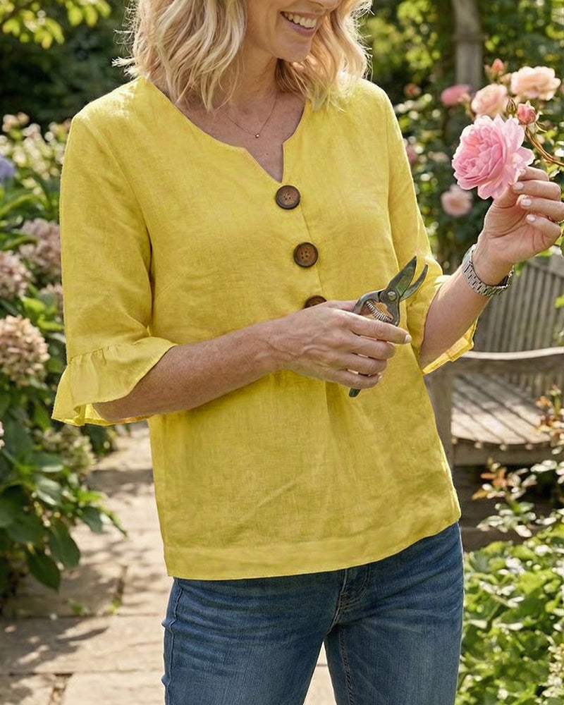 Sofía | Blusa de algodón y lino con botones efecto madera