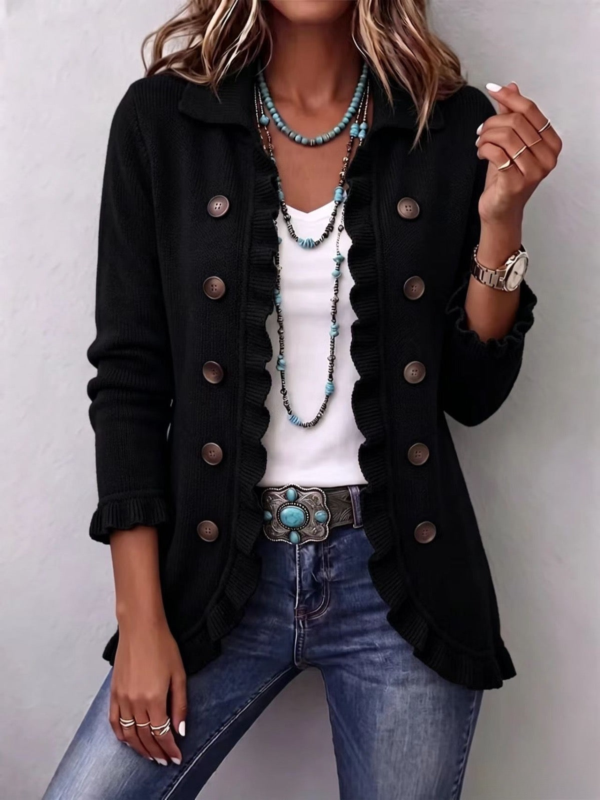Zaira | Chaqueta negra de canalé con volantes