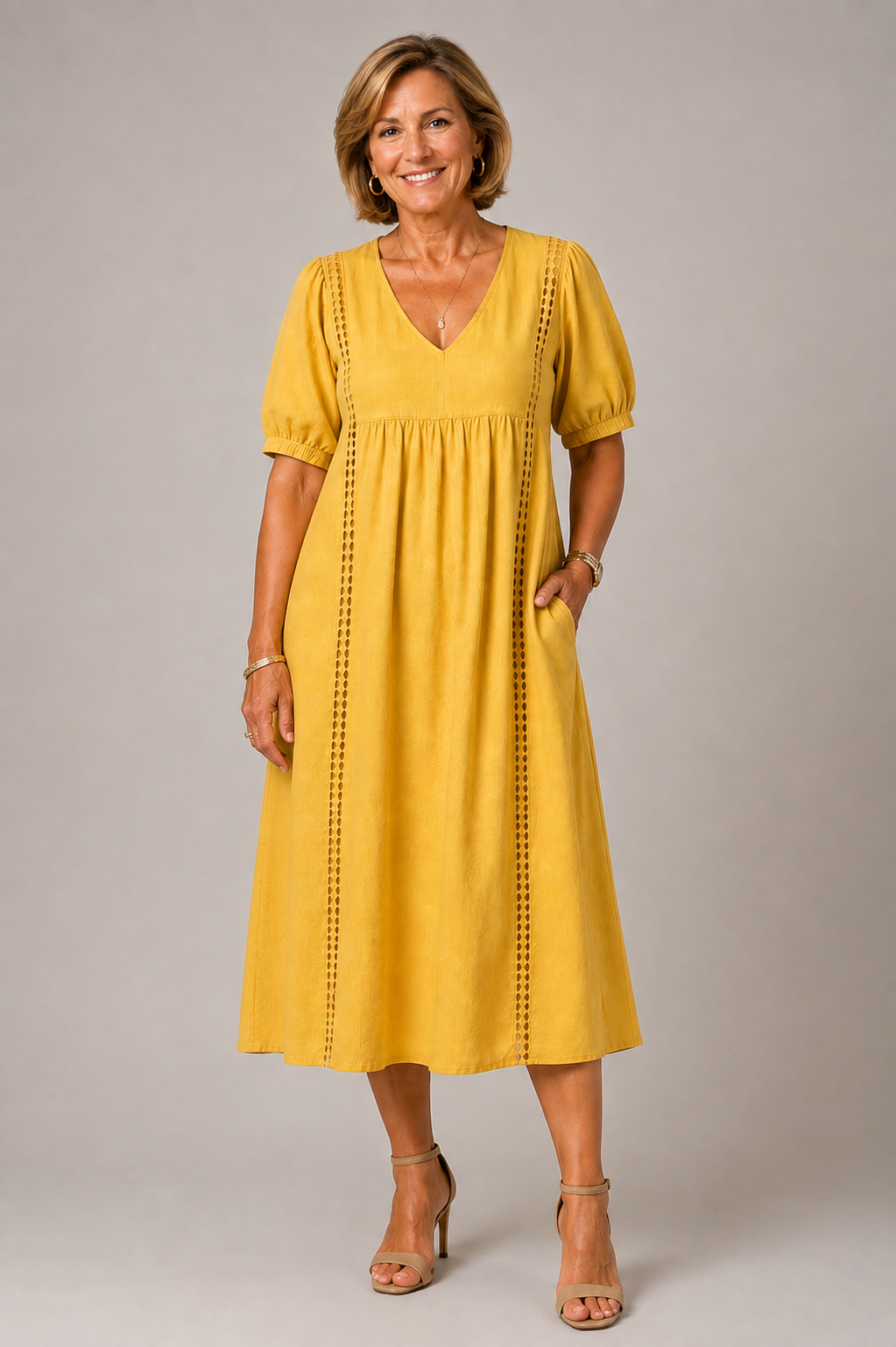 Nuria | Vestido elegante amarillo con detalles calados