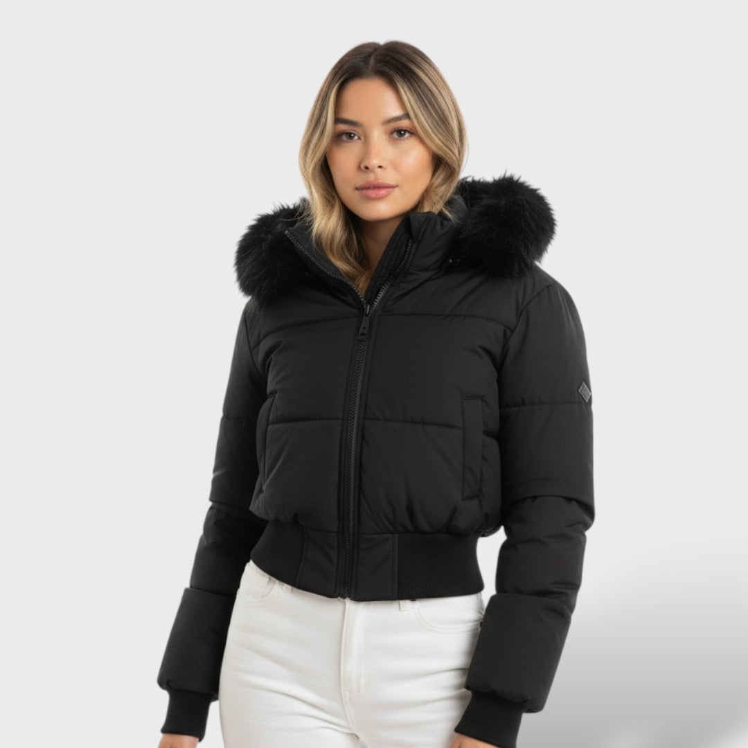 Chaqueta corta con capucha y pelo sintético