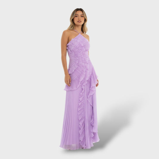 Vestido largo halter con volantes y abertura