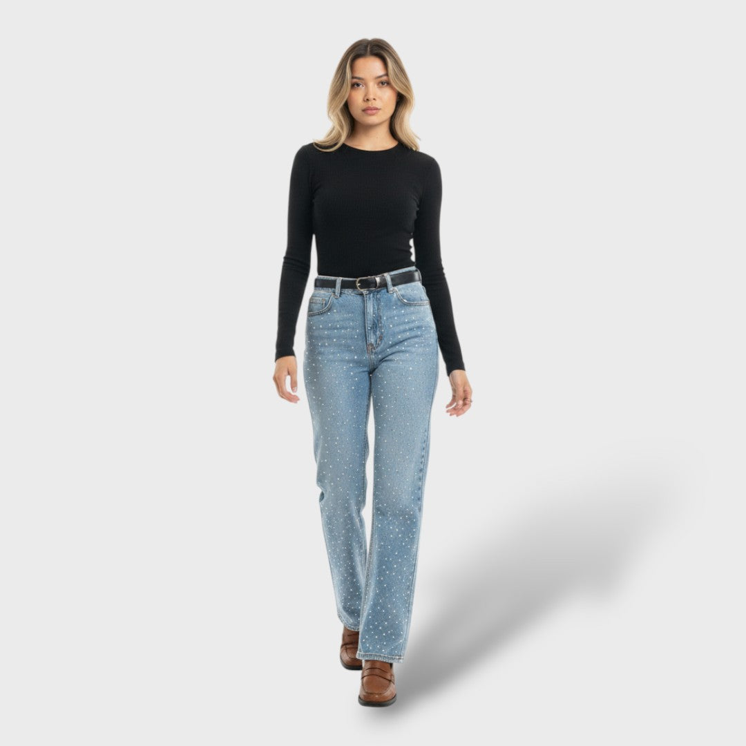 Pantalones rectos de tiro alto con pedrería