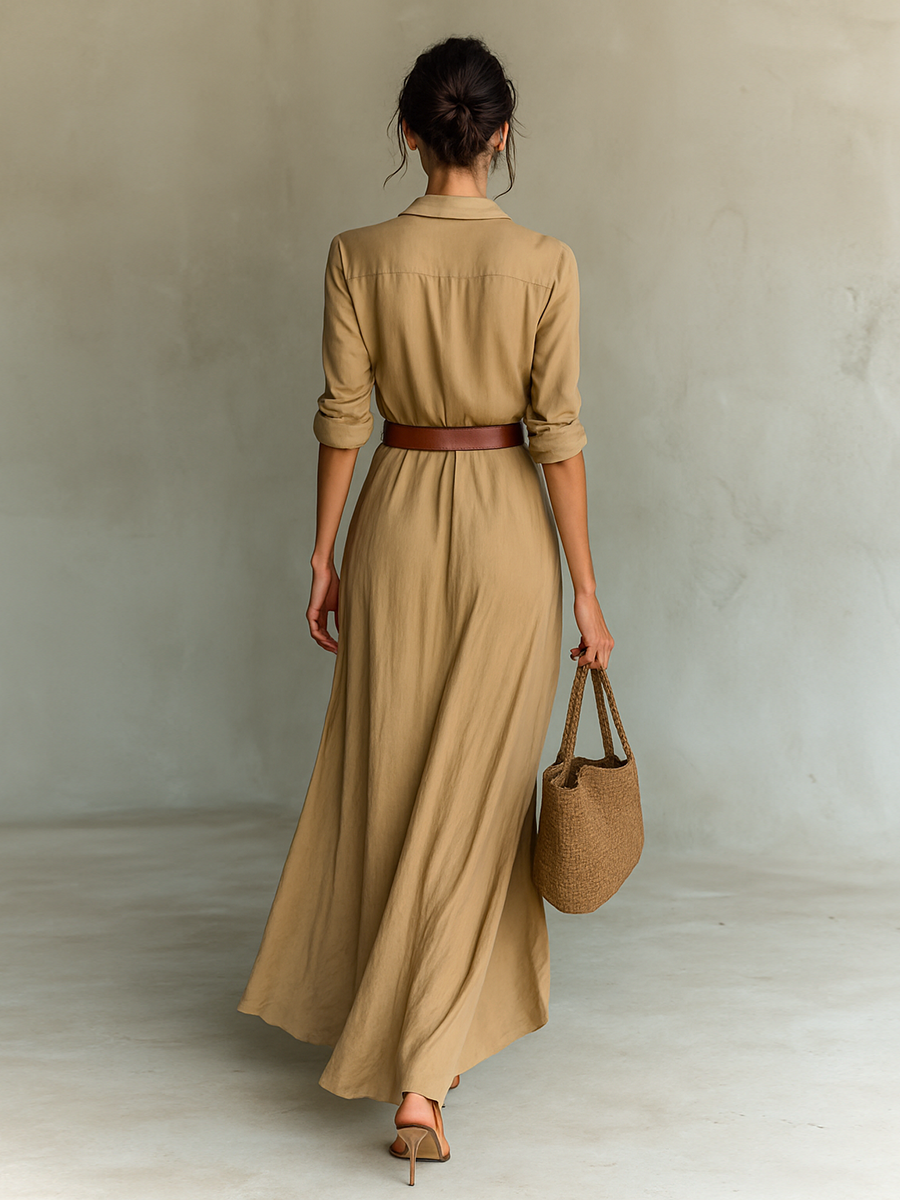 Vestido largo de lino con cuello de solapas
