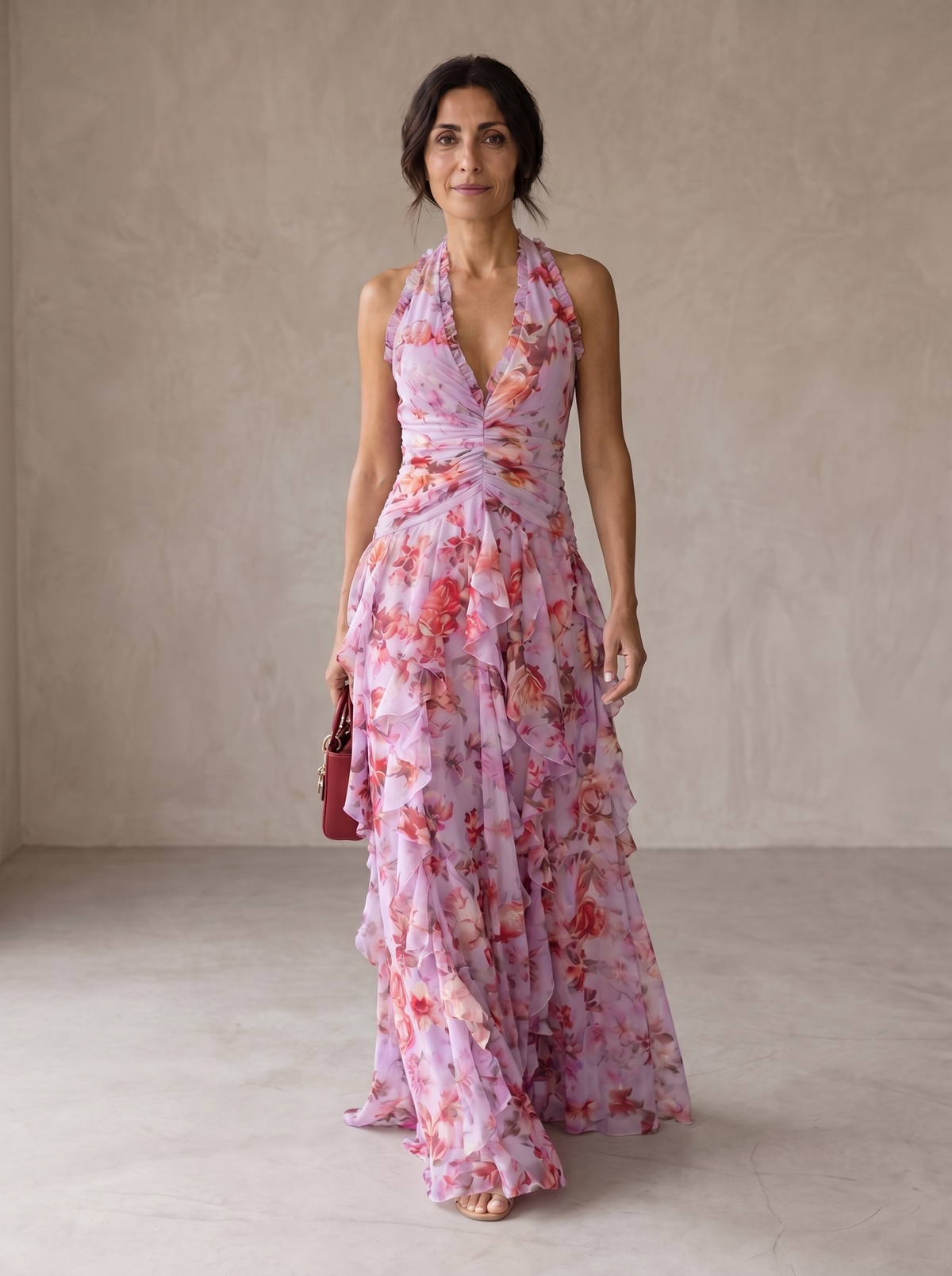 Belladina | Vestido largo halter con estampado de rosas
