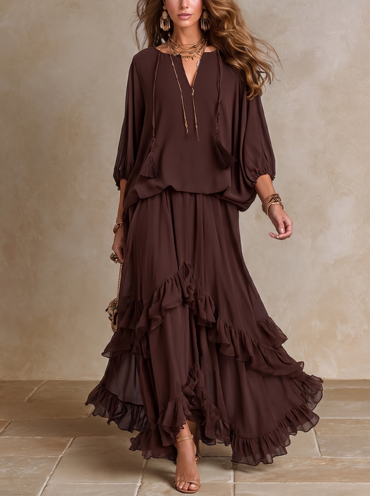 REAL | Conjunto exclusivo de blusa y falda con volantes