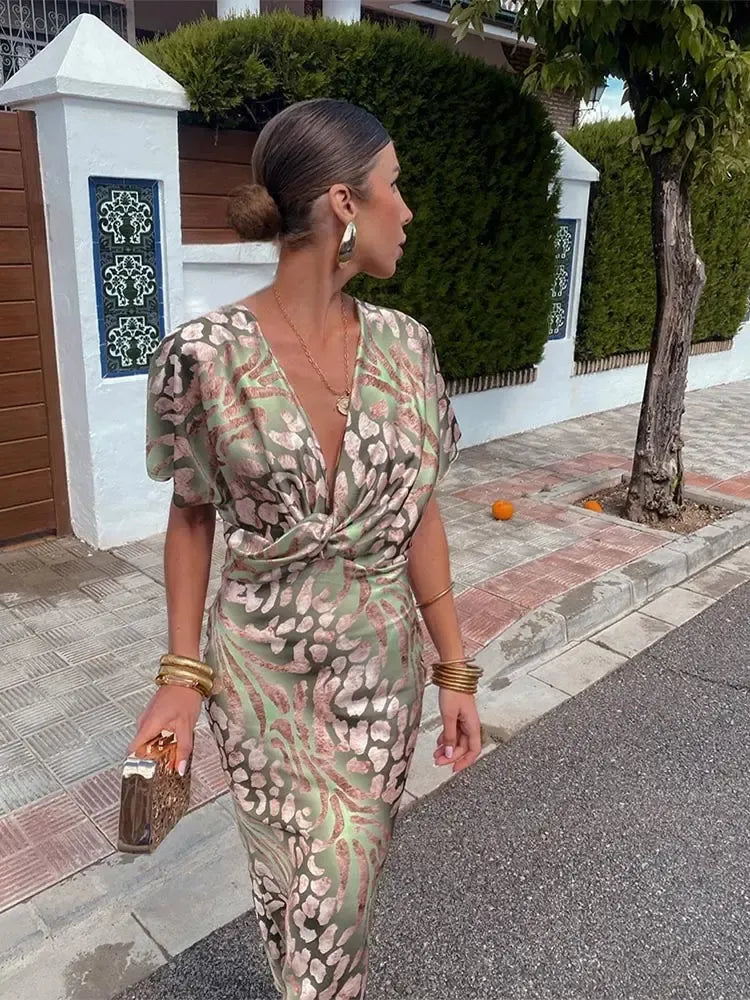 Higinia | Vestido midi estampado en tonos cobre