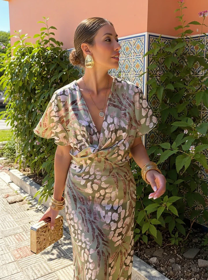 Higinia | Vestido midi estampado en tonos cobre