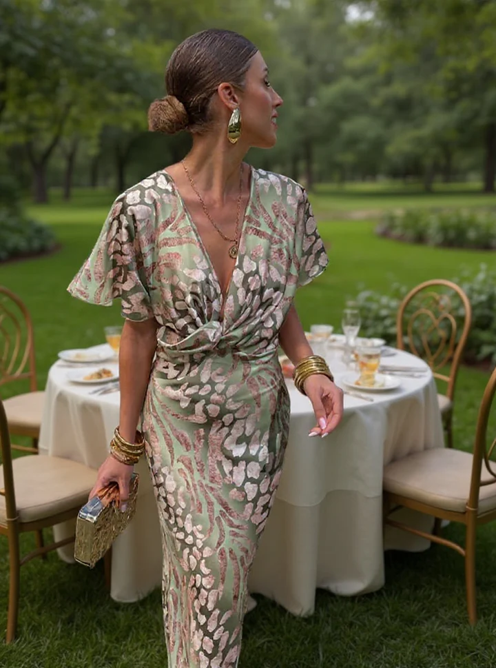 Higinia | Vestido midi estampado en tonos cobre