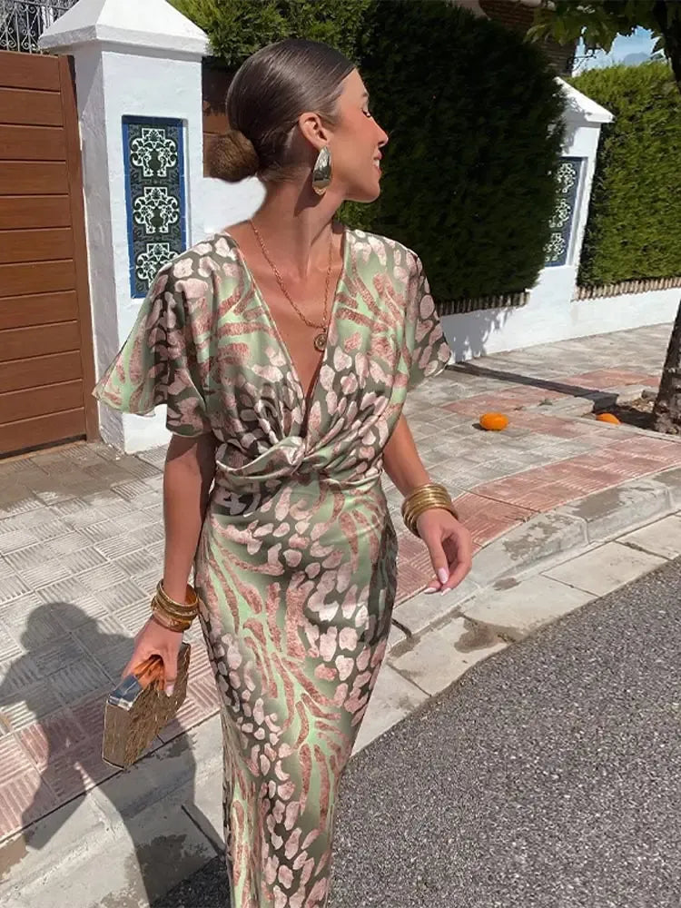 Higinia | Vestido midi estampado en tonos cobre