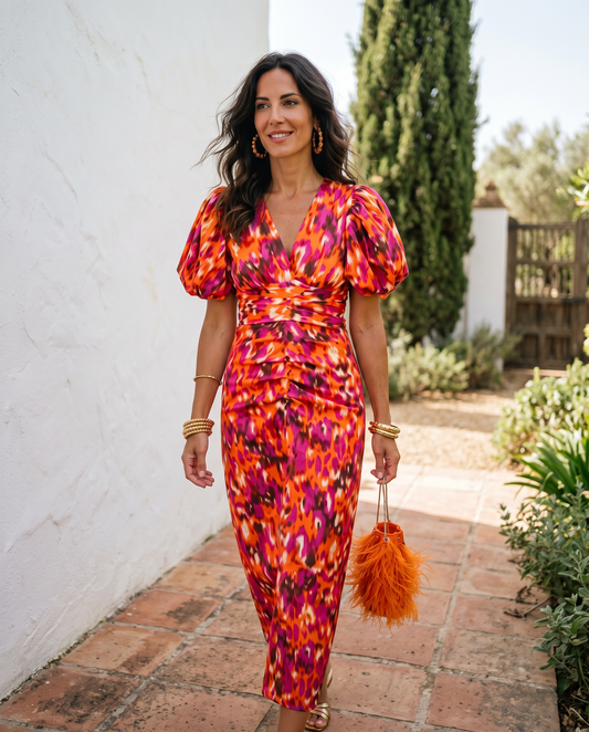 Carla | Vestido midi floral con mangas abullonadas