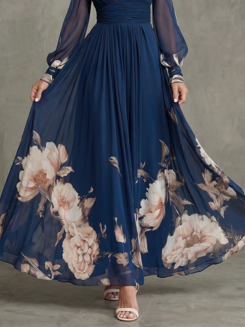 Victoria | Vestido largo floral con mangas transparentes
