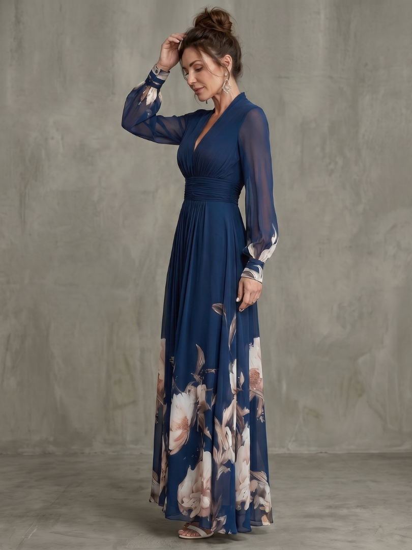 Victoria | Vestido largo floral con mangas transparentes