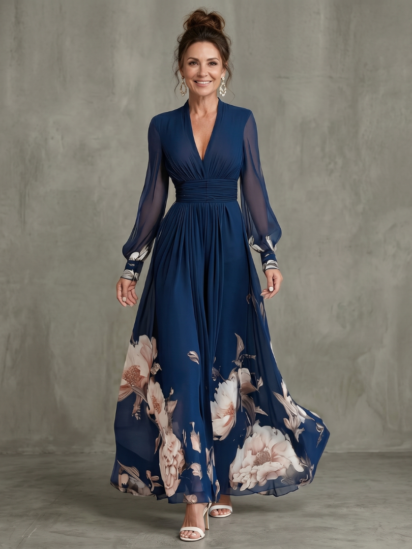 Victoria | Vestido largo floral con mangas transparentes