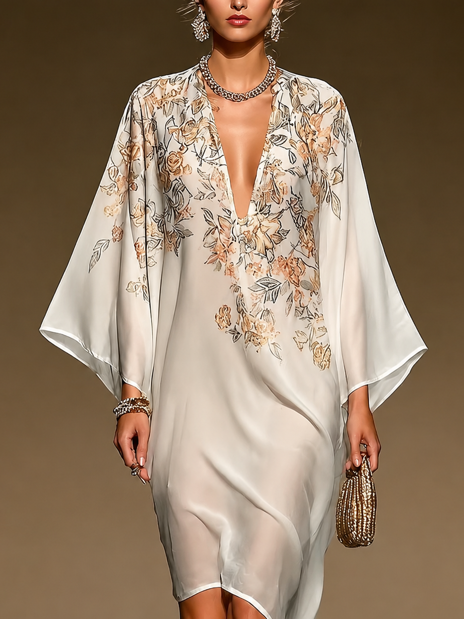 Vestido caftán beige floral de chifón