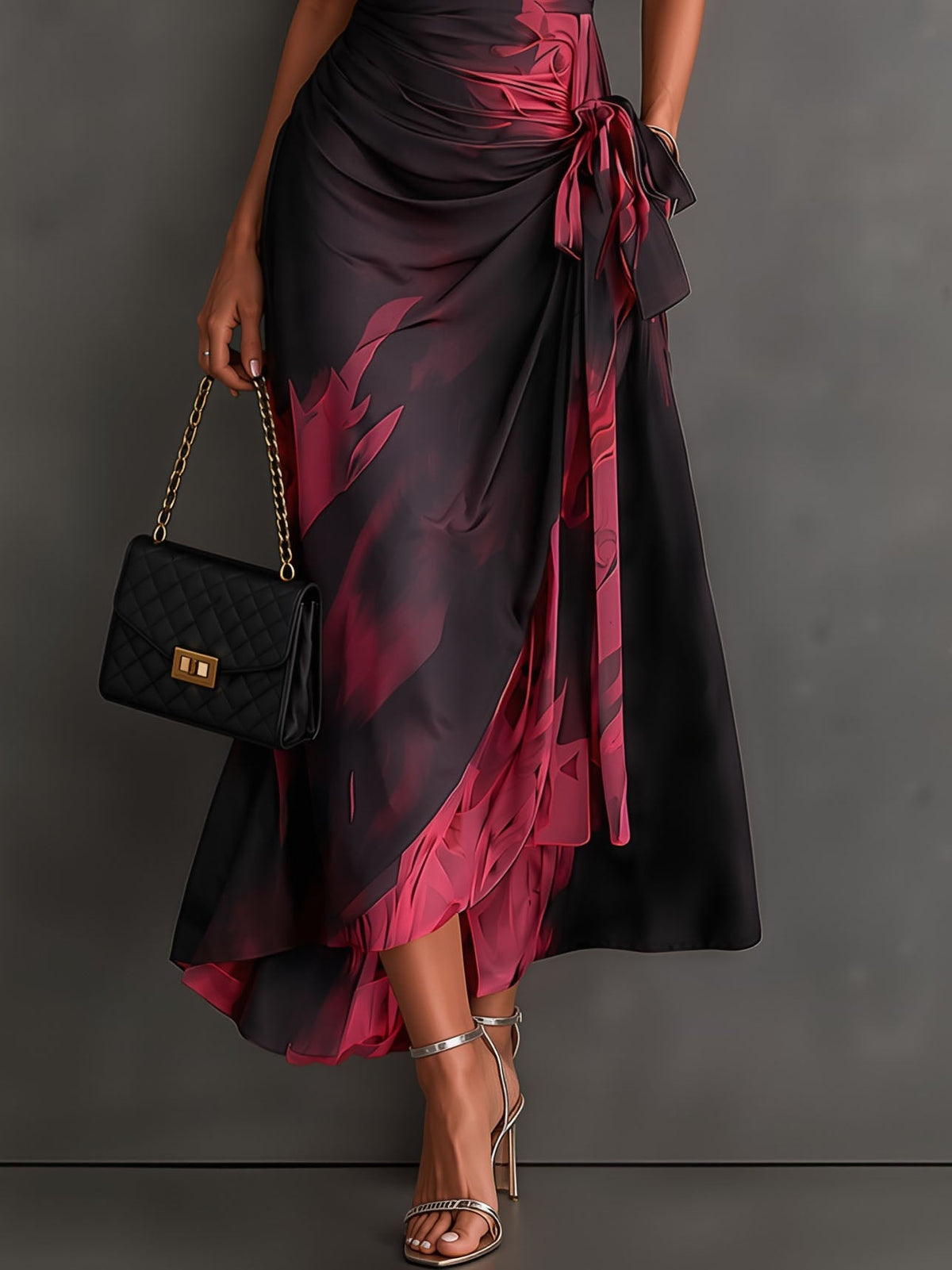 Vestido midi cruzado rojo y negro con volantes