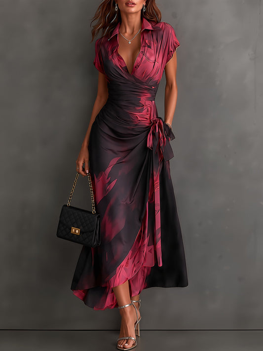 Vestido midi cruzado rojo y negro con volantes